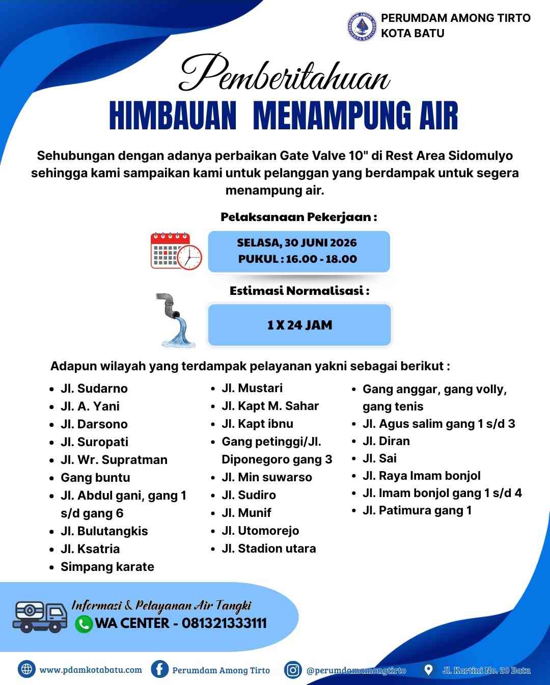 Perumdam Among Tirto Imbau Masyarakat Mulai Tampung Air, Menjelang Perbaikan Gate Valve