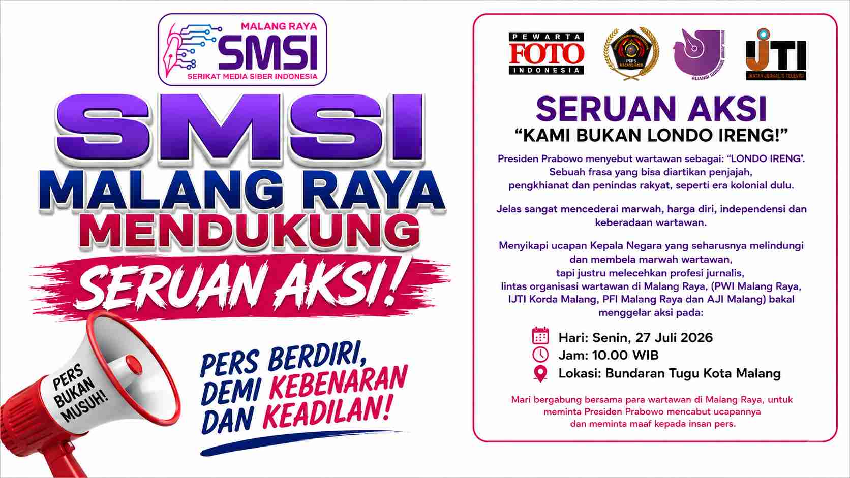 SMSI Malang Raya Dukung Aksi "Kami Bukan Londo Ireng", Pernyataan Peyoratif Presiden Lukai Martabat Jurnalis